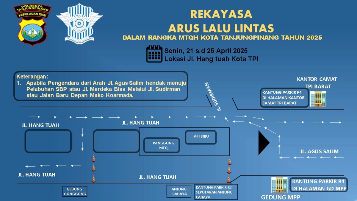 Rekayasa Lalu Lintas Diberlakukan Selama MTQH XIX Tanjungpinang, Ini Titik Perubahannya