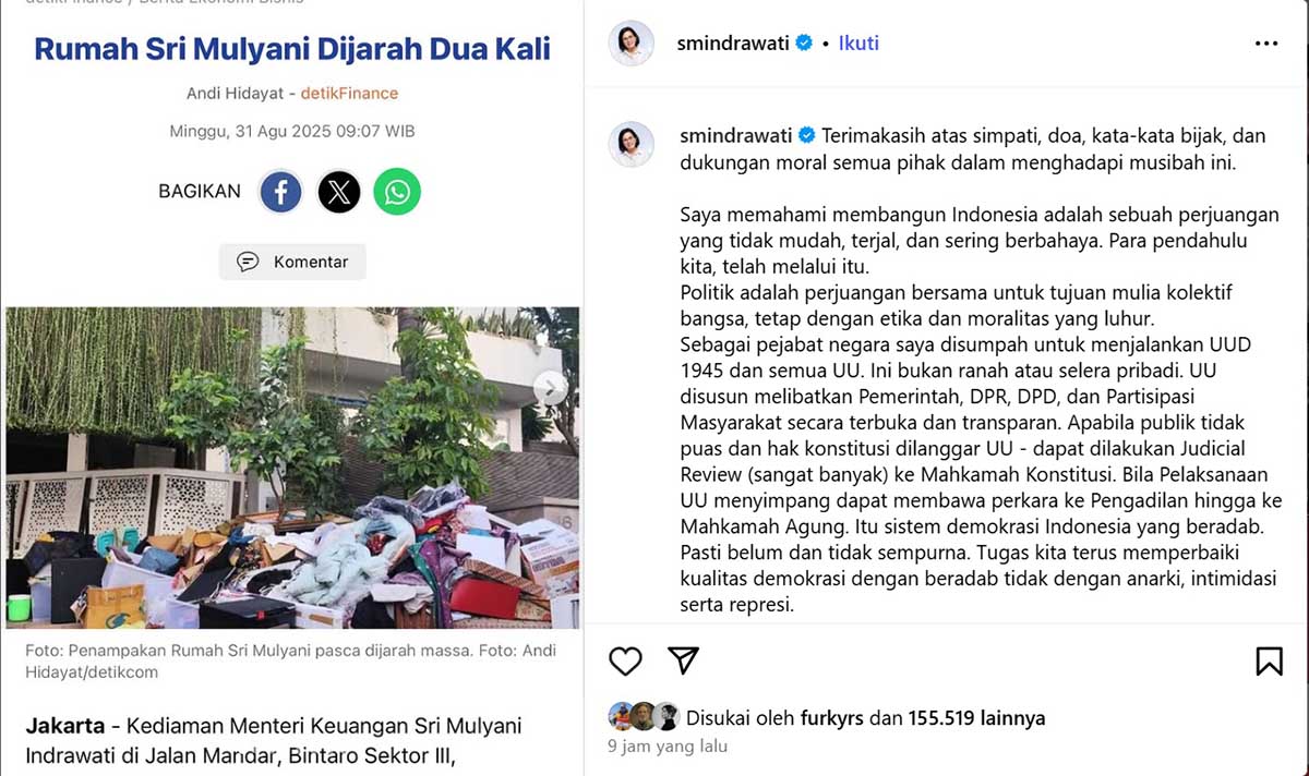 Sri Mulyani Tulis Pesan Haru Usai Rumahnya Dijarah, Netizen Ikut Menyemangati